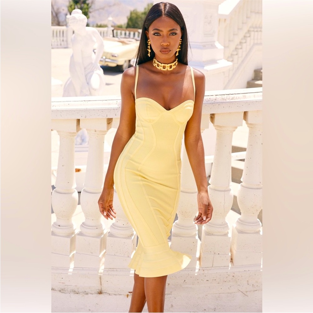 House of CB Martine Lemon Fluted Bustier Bandage Dress